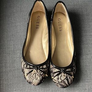 GUESS Black Lace Overlay Ballet Flats with Gold Accents